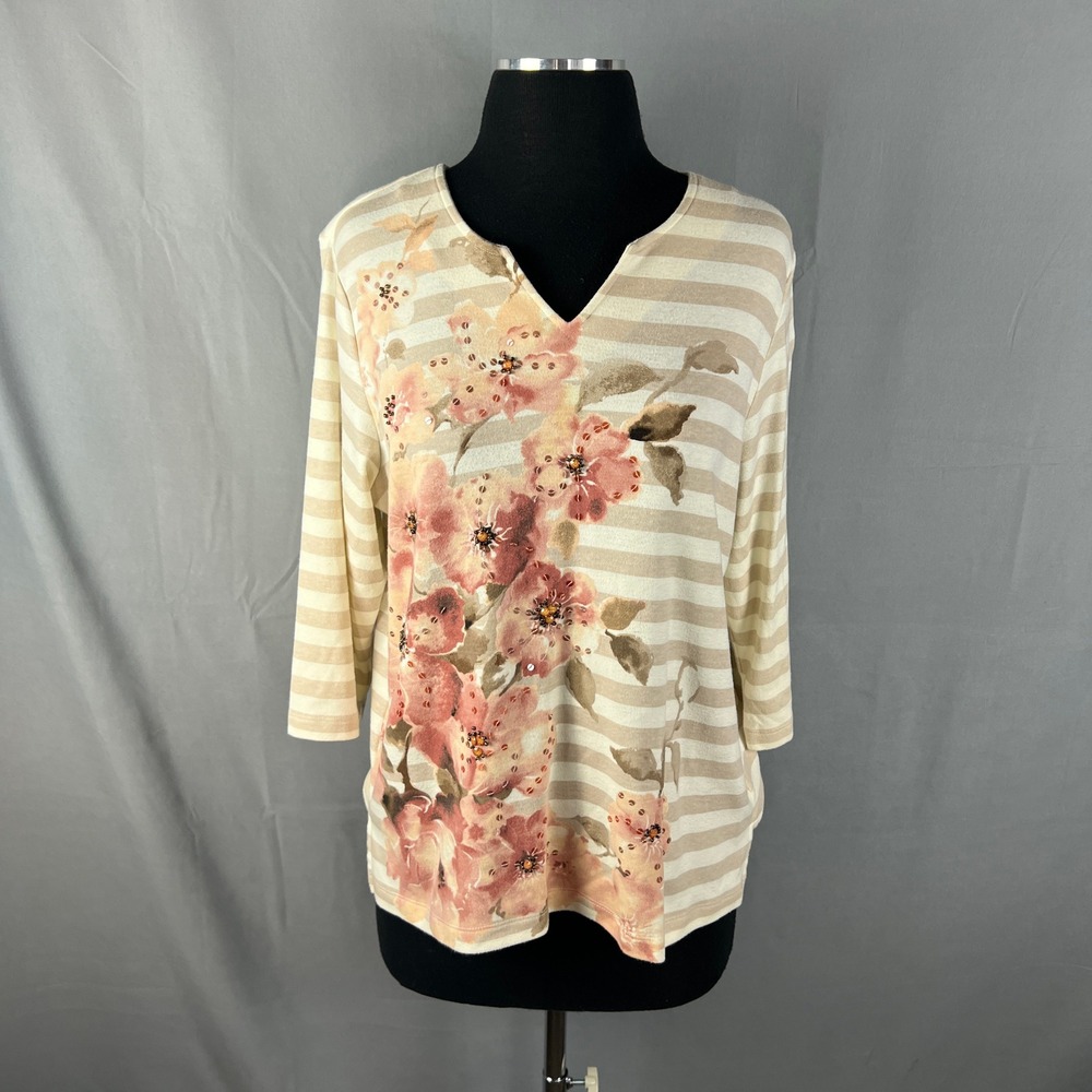 Alfred Dunner Top Womens M Beige Stripe Floral Sequin Quarter Sleeves Side Slit